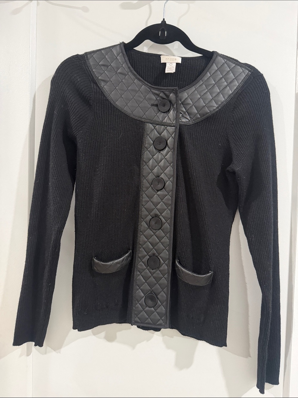 Chicos Black Knit Cardigan with Quilted Trim